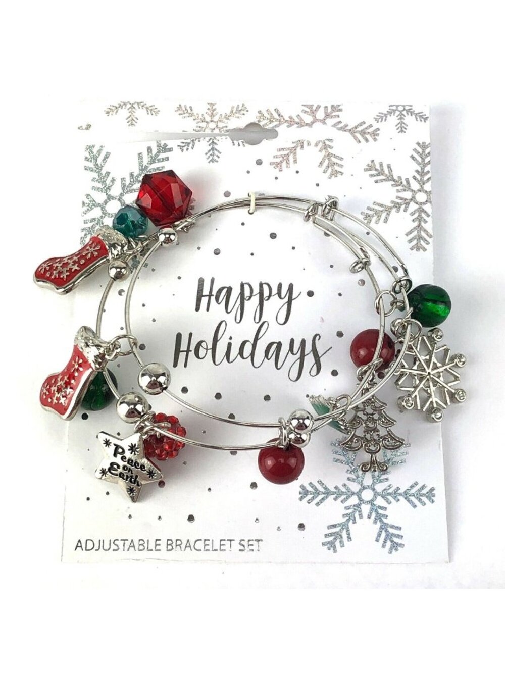Christmas Gift Charm Bracelet Silver-tone Bangle Beads Happy Holidays #1342